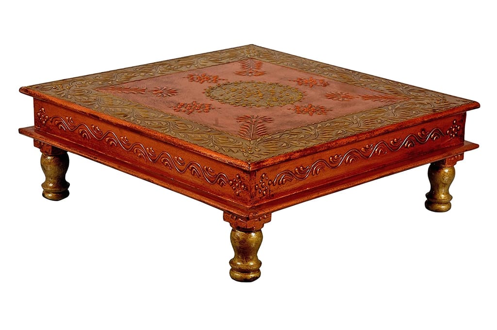Home Design Wooden Pooja Chowki, Handmade Embossed Painting Chowki, Handcrafted Bajot, Pooja Stool, Wooden Handmade Bajot (Copper+ Gold) (18 x 18 x 6 in INCHES)