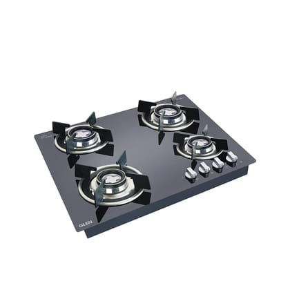 Glen 4 Burner Built In Glass Hob | Auto Ignition | 8 MM Toughened Glass Hob Top | Black | Double Ring Forged Brass Burners | Pan Supports | Warranty 2 Years Standard & 5 Years Glass | 1064 RO HT DB