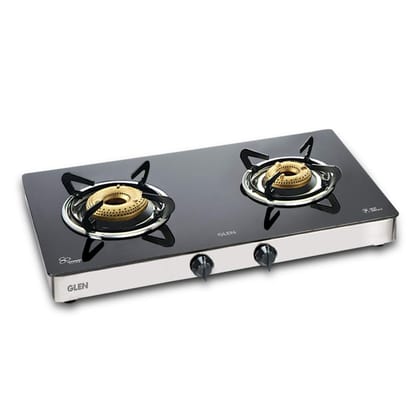 Glen 2 Burner Toughened Glass Top | LPG Gas Stoves| Forged Brass Burners | Black|Sliver | Manual Ignition | ISI Certified| Stainless Steel Drip Trays | Ergonomic Knobs | Revolving Nozzle | 2 Year Warranty | 1021 GT FB HF