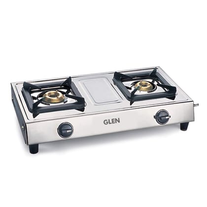 Glen 2 Brass Burners LPG Gas Stoves | Stainless Steel Top | Manual Ignition | ISI Certified| MS Pan Supports | Ergonomic Black knobs | SS Drip Trays | Straight Nozzle | 2 Year Warranty | 1021 SS BB