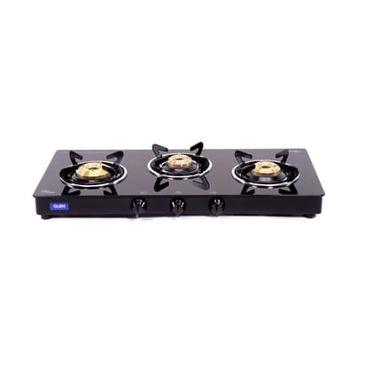 Glen 3 Burner Toughened Glass Top | LPG Gas Stoves with Fuel Efficient Brass Burners | Black | Manual Ignition | ISI Certified| Fixed Stainless Steel Drip Trays | 2 Year Warranty | 1033 GT BB BL