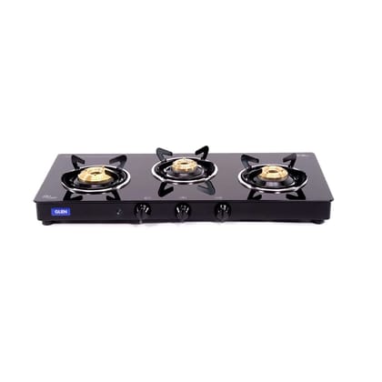 Glen LPG Glass Gas Stove With High Flame 3 Brass Burner, Auto Ignition, Black 1033 GT BBBL AI 2 Years Standard Warranty