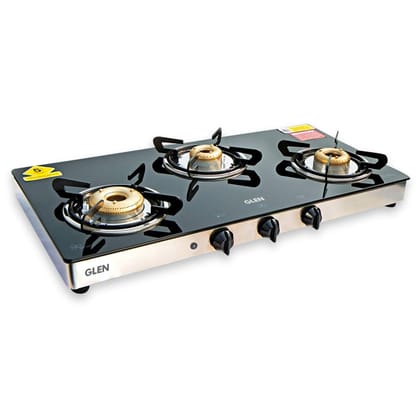 Glen 3 Burner LPG Glass Gas Stove with Double Drip Tray, High Flame Forged Brass Burner, Auto Ignition, Extra Wide, Black (1033 GT XL FB DD AI)