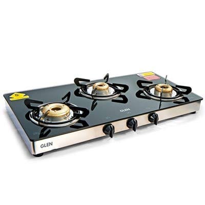 Glen 3 Burner Glass Gas Stove 1033 GT XL Forged BB Double Drip Tray