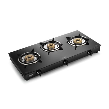 Glen 3 Burner Toughened Glass Top | LPG Gas Stoves |Fuel Efficient Brass Burners |Black |Manual Ignition |ISI Certified|Drip Trays |Ergonomic Knobs |Revolving Nozzle | 2 Year Warranty | 1034 GT BB BL