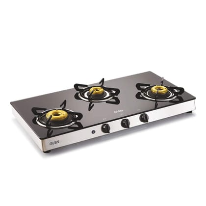 Glen 3 Burner LPG Glass Gas Stove High Flame Forged Brass Burner with Double Drip Tray, Auto Ignition, Extra Wide, Black (1038 GT FB AI)