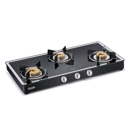 Glen 3 Burner Toughened Glass Top |Mirror Finish Glass LPG Gas Stoves |Forged Brass Burners |Black |Manual Ignition | ISI Certified |Revolving Inlet Nozzle | 5 Years Warranty On Glass | 1038 GT FBM BL