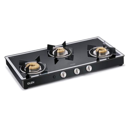 Glen 3 Burner LPG Gas Stove Mirror Finished Glass High Flame Forged Brass Burner, Auto Ignition, Extra Wide Black (1038 GT FB MBL AI)