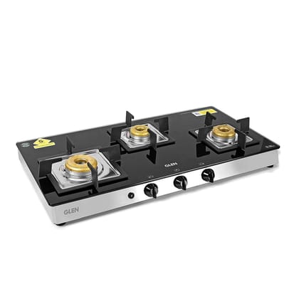 Glen 3 Burner LPG Glass Gas Stove High Flame Forged Brass Burner, Auto Ignition, Extra Wide Black (1038 SQ GT FBB AI)