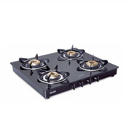 Glen 4 Brass Burner Toughened Glass Top | LPG Gas Stove | Black | Manual Ignition | ISI Certified | Stainless Steel Drip Trays | Revolving Inlet Nozzle | 2 Year Standard Warranty | 1041 GT BB BL