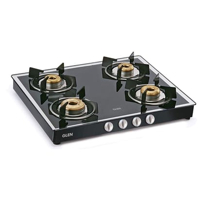 Glen 4 Burner LPG Gas Stove Mirror Finish Glass with High Flame Forged Brass Burners, Black (1042 GT FB MBL)