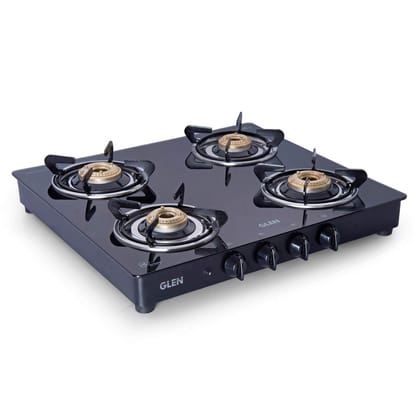 Glen 4 Burner Toughened Glass Top | LPG Gas Stoves | Brass Burners | Black | Auto Ignition | ISI Certified| 2 Year Warranty | 1043 GT BB BL AI