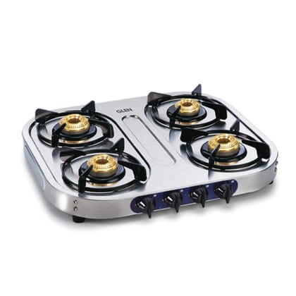 Glen 4 Brass Burners LPG Gas Stoves | Stainless Steel Top | Manual Ignition | ISI Certified| Drip Trays | Ergonomic Knobs | 360 Degree Revolving Nozzle | 2 Year Warranty | 1044 SS