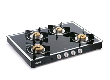 Glen 4 Burner LPG Gas Stove Mirror Finished Glass High Flame Forged Brass Burner, Auto Ignition, Extra Wide, Black (1048 GT FB MBL AI)