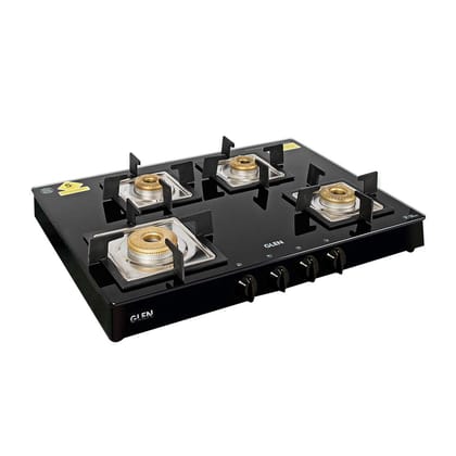 GLEN 4 Burner Lpg 80 Mm toughened Glass Gas Stove with forged Brass Burner, Black | 5 Years Warranty On Glass, Valve and Burner 1048 Sq Bl Fb Open