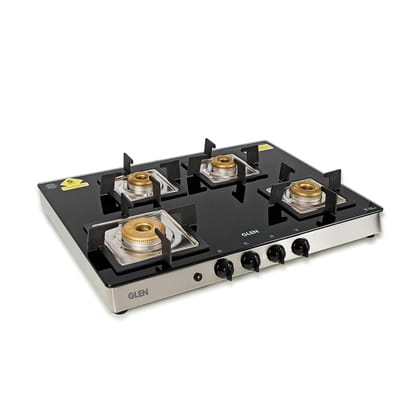 Glen 4 Burner Glass LPG Gas Stove High Flame Forged Brass Burner, Auto Ignition, Extra Wide, Black (1048 SQ GT FB AI)