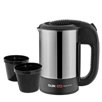 Glen Electric Travel Kettle 0.5 Litre Stainless Steel 2 Plastic cups, Auto Shut-off 1000 W -Silver and Black (9013), 2 years warranty