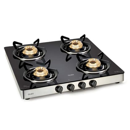 Glen Stainless Steel Four Brass Burner Glass Top Stove with LPG Fuel Efficient 1043 GT EX (Black)