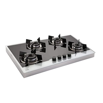 Glen 4 Burner Free Standing Glass Gas Hob with Italian Double Ring Burners, Auto Ignition, Black & White (1074 FIN BW)