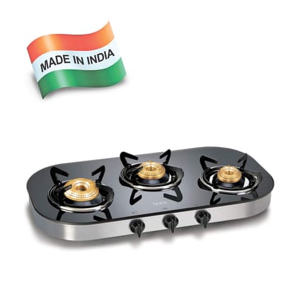 Glen 3 Burner Toughened Glass Top |LPG Gas Stove|High Flame Brass Burners|Black|Silver|Manual Ignition|ISI Certified|SS Drip Trays|Ergonomic Knobs|Revolving Nozzle | 5 Year Warranty On Glass | 1036 GT