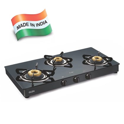 Glen Stainless Steel LPG Glass Gas Stove with 3 High Flame Forged Brass Burner and Double Drip Trays (Extra Wide, Black, 1038 GT FB DD BL)