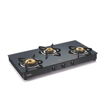 Glen 3 Burner LPG Glass Gas Stove High Flame Forged Brass Burner, Double Drip Trays Auto Ignition, Extra Wide Black (1038 GT FB DD BL AI)