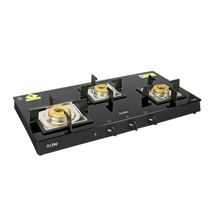 Glen 3 Burner LPG Glass Gas Stove with High Flame Forged Brass Burner, Auto Ignition, Black (1038 SQ BL FB AI), Open