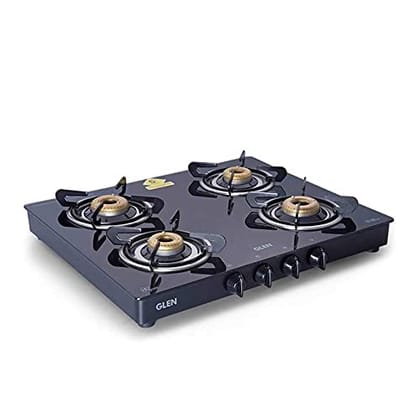 Glen 4 Burner LPG Glass Gas Stove With Forged Brass Burner Auto Ignition Cooktop, Black (1041 GT FB BL AI)