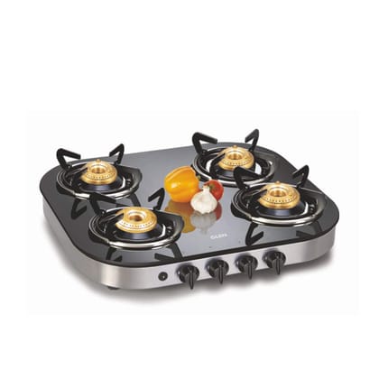 Glen 4 Burner LPG Glass Gas Stove with High Flame Brass Burner, Auto Ignition, Black (1046 GT AI)