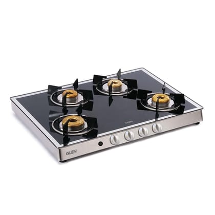 Glen 4 Burner LPG Glass Gas Stove Mirror Finished Glass with High Flame Forged Brass Burner, Auto Ignition (1048 GT FBM AI)
