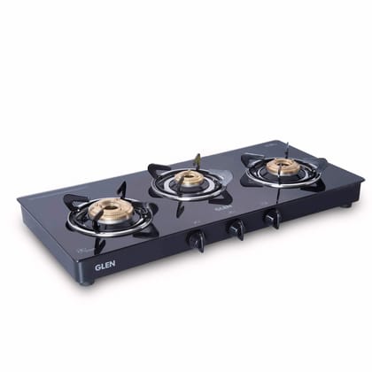 GLEN 3 Burner LPG Toughened Glass Gas Stove with High Flame Brass Burners, Black | 2 Year Warranty (CT3B73 BL BB), Open
