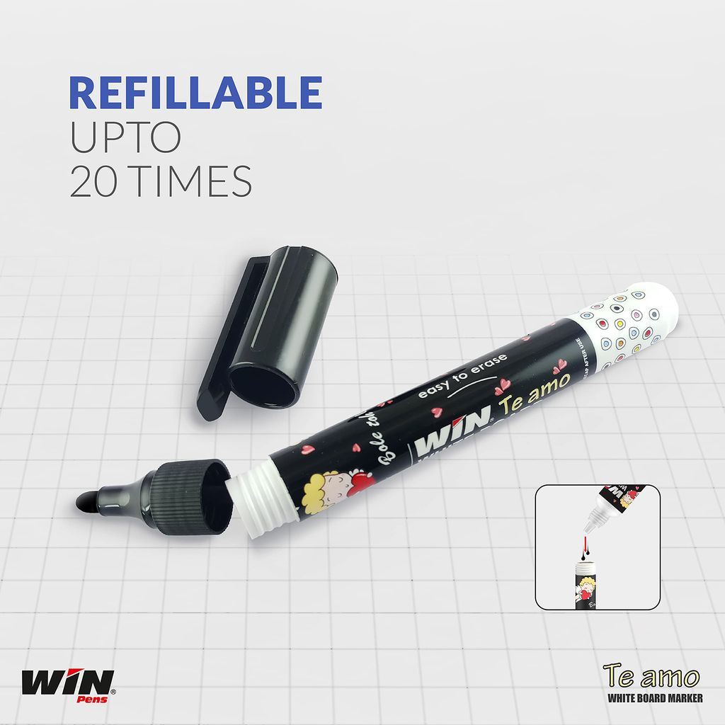 WIN Te Amo White Board Markers 4 Blue+4 Black with 2 blue Ink+2 black Ink | Easily Eraseable Ink | Refillable ink Markers | Ideal for School & Office Use | White Board Markers