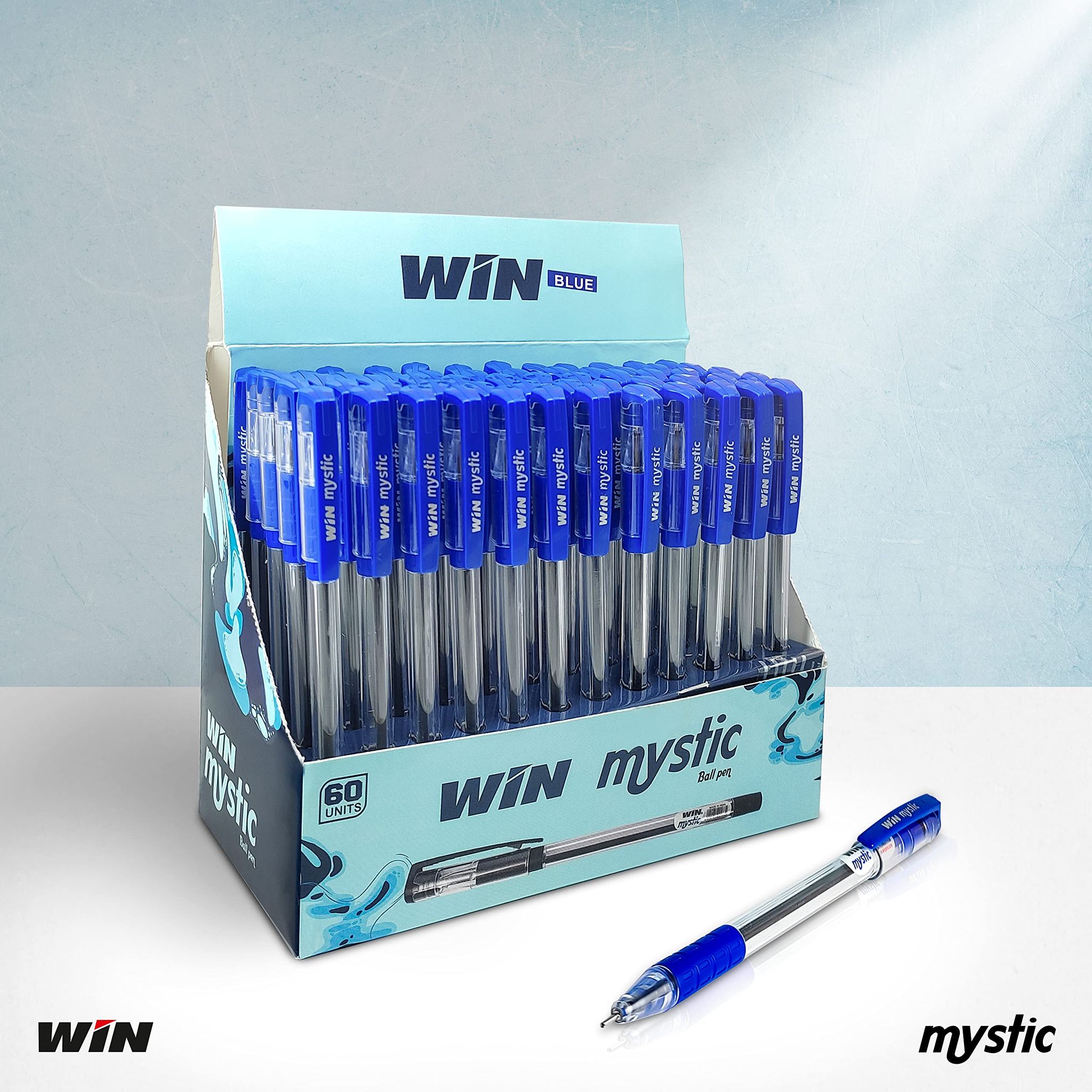 WIN Mystic Ball Pens, 60 Blue Pens, Comfortable Grip, Smooth Ink Flow