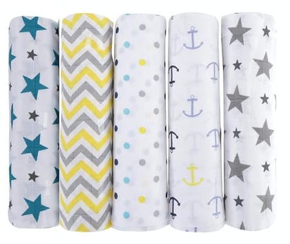 Littlenuts Colorful Unisex Muslin Cotton Swaddle Wrap for New Born, 100 cm x 100 cm (Pack of 5)