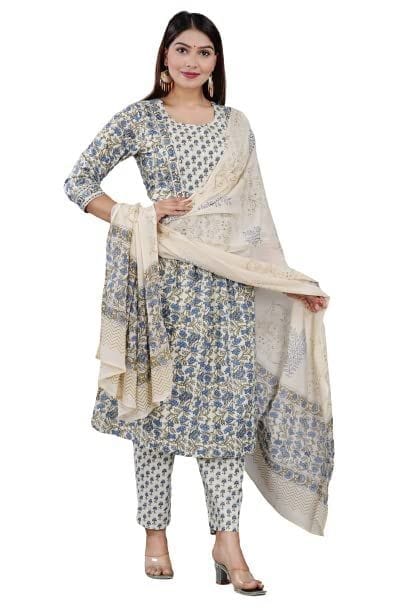 MANMAYEE Women's Badala Work On Yoke Cotton Nyra Cut Kurti with Pant & Dupatta | Nyra Cut Kurti - Kurtas & Kurta Sets | Buy online on ZillyBuy