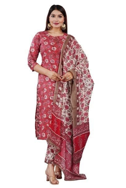 MANMAYEE Women's Cotton Straight Cut Kurti With Pant & Dupatta | Straight Kurti | Pink - Kurtas & Kurta Sets | Buy online on ZillyBuy