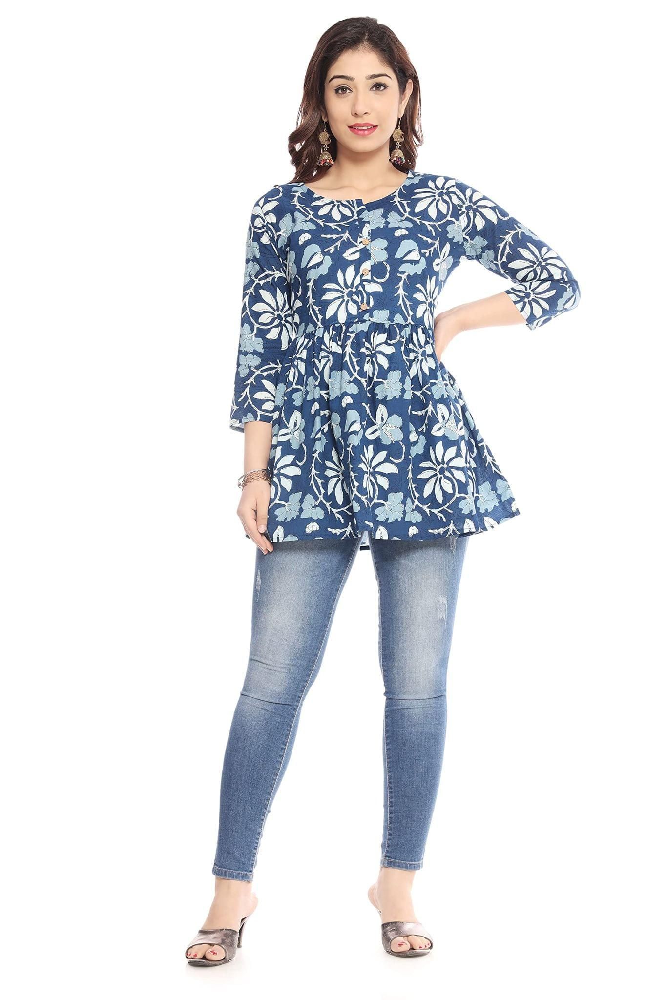 MANMAYEE Women's Cotton Floral Print Top | Latest Trendy Short Tunic Tops