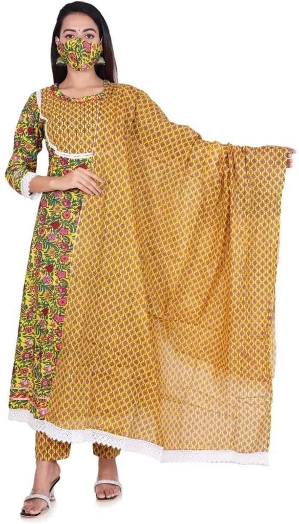 MANMAYEE Women's Badala Work On Yoke Cotton Kurti With Pant & Dupatta | Flared Kurti Set - Kurtas & Kurta Sets | Buy online on ZillyBuy