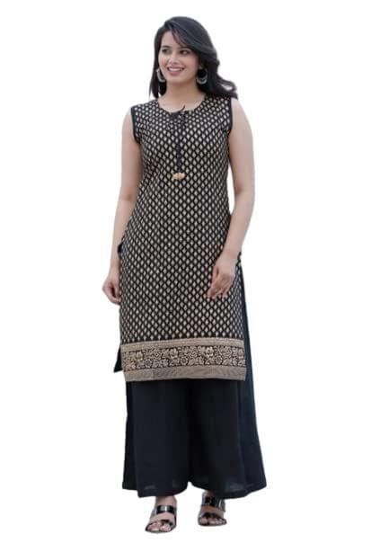 MANMAYEE Women's Rayon Embroidery Straight Sleeveless Kurti with Palazzo | Kurti Set - Kurtas & Kurta Sets | Buy online on ZillyBuy