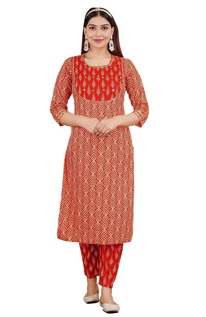 MANMAYEE Women's Rayon Mirror Work On Yoke Straight Kurti with Pant & Dupatta | 3 Piece Kurti Set - Kurtas & Kurta Sets | Buy online on ZillyBuy