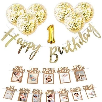F C Fancy Creation 1st Birthday Special 10 Golden Confetti Balloons+Golden Happy Birthday Cursive Banner+Golden 1 foil Balloon+Baby Photo Banner 1-12 Months- Multi Color