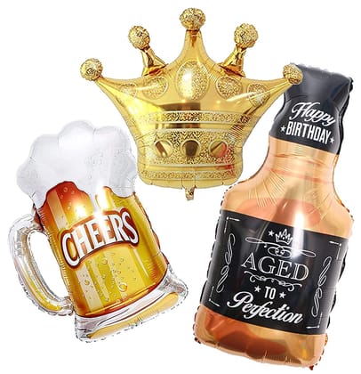 F C Fancy Creation 36" Inch Champagne Whisky Bottle + 36" inch 1 Champagne Beer Cheer Glass Mug + 36" Inch Big Golden Crown Prince King Theme Shape Foil Balloon