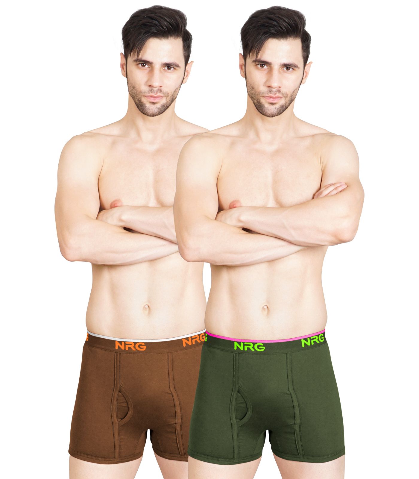 NRG Mens Cotton Assorted Colour Without Pocket Trunks ( Pack of 2 Light Brown - Military Green ) G11