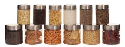 PEARLPET Transparent Plus PET Kitchen Container Storage Jars with Stainless Steel Matt Finish Cap, 300 ML 500 ML Set of 12-Pieces.