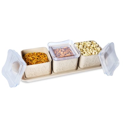 PEARLPET Store and Serve Dazzle container- Set of 3 with tray, Candy/Dry fruit/Namkeen storage airtight containers, Beige