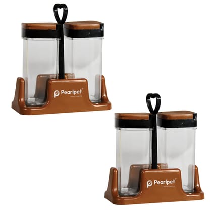 PEARLPET Condiment Jars Set of 4 with tray for Serving Spices,Sugar, Salt & Pepper, Brown