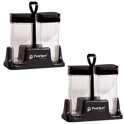 PEARLPET Condiment Jars Set of 4 with tray for Serving Spices,Sugar, Salt & Pepper, Black