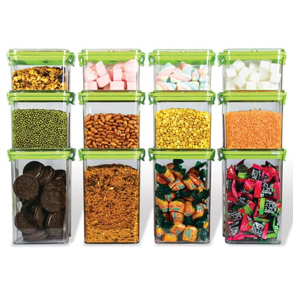 PEARLPET Click n Seal Plastic Kitchen Storage Container Set of 12 Pcs 400 ml,700 ml & 1200 ml, Square shape, Green