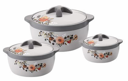 PEARLPET Insulated Stainless Steel Casserole Set of 3 (1000 ml, 2000 ml, 3000 ml), Sancy Grey, Microwave Safe
