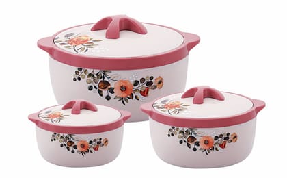 PEARLPET Insulated Stainless Steel Casserole Set of 3 (1000 ml, 2000 ml, 3000 ml), Sancy Pink, Microwave Safe